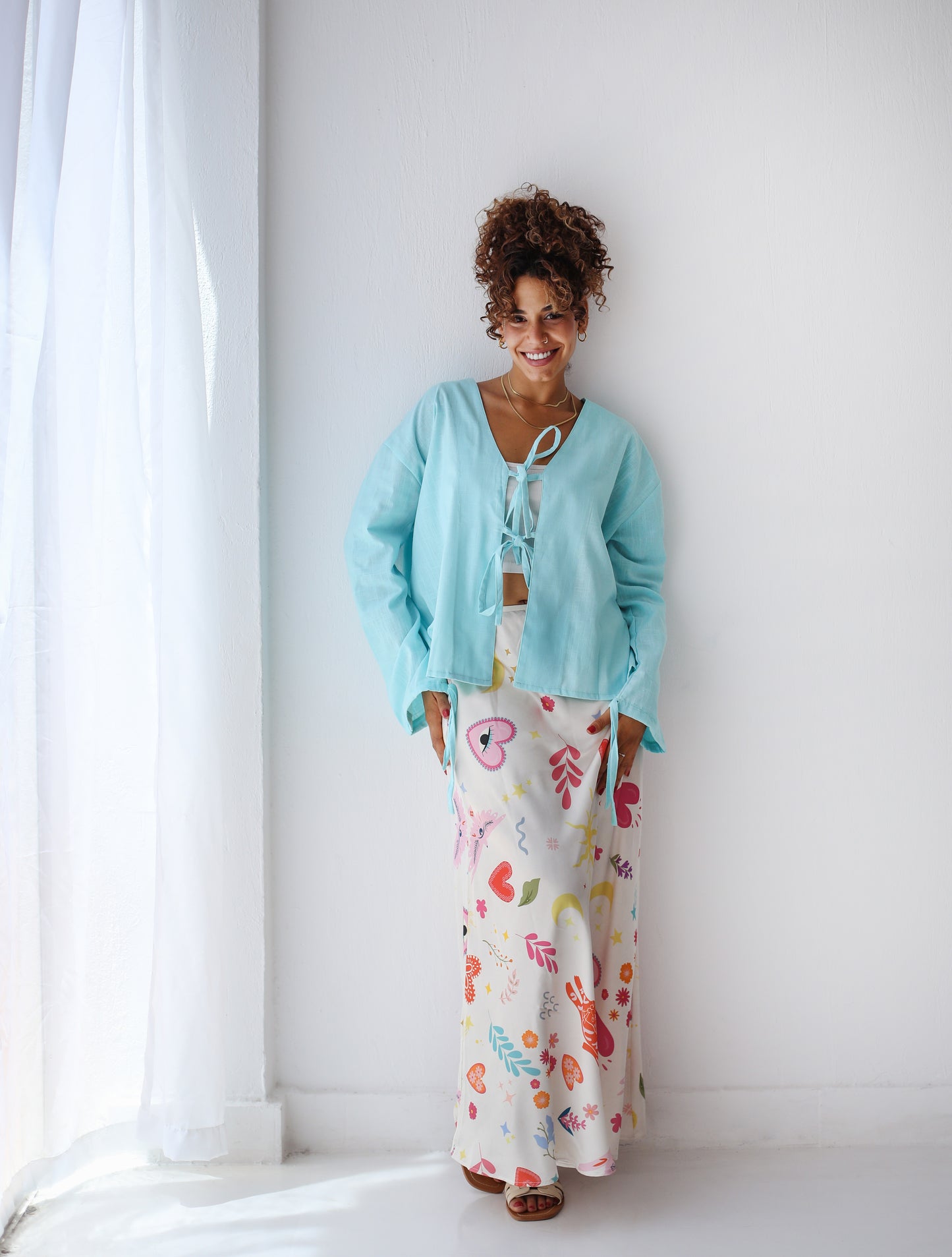 The Tie Bow Top in Aqua Blue
