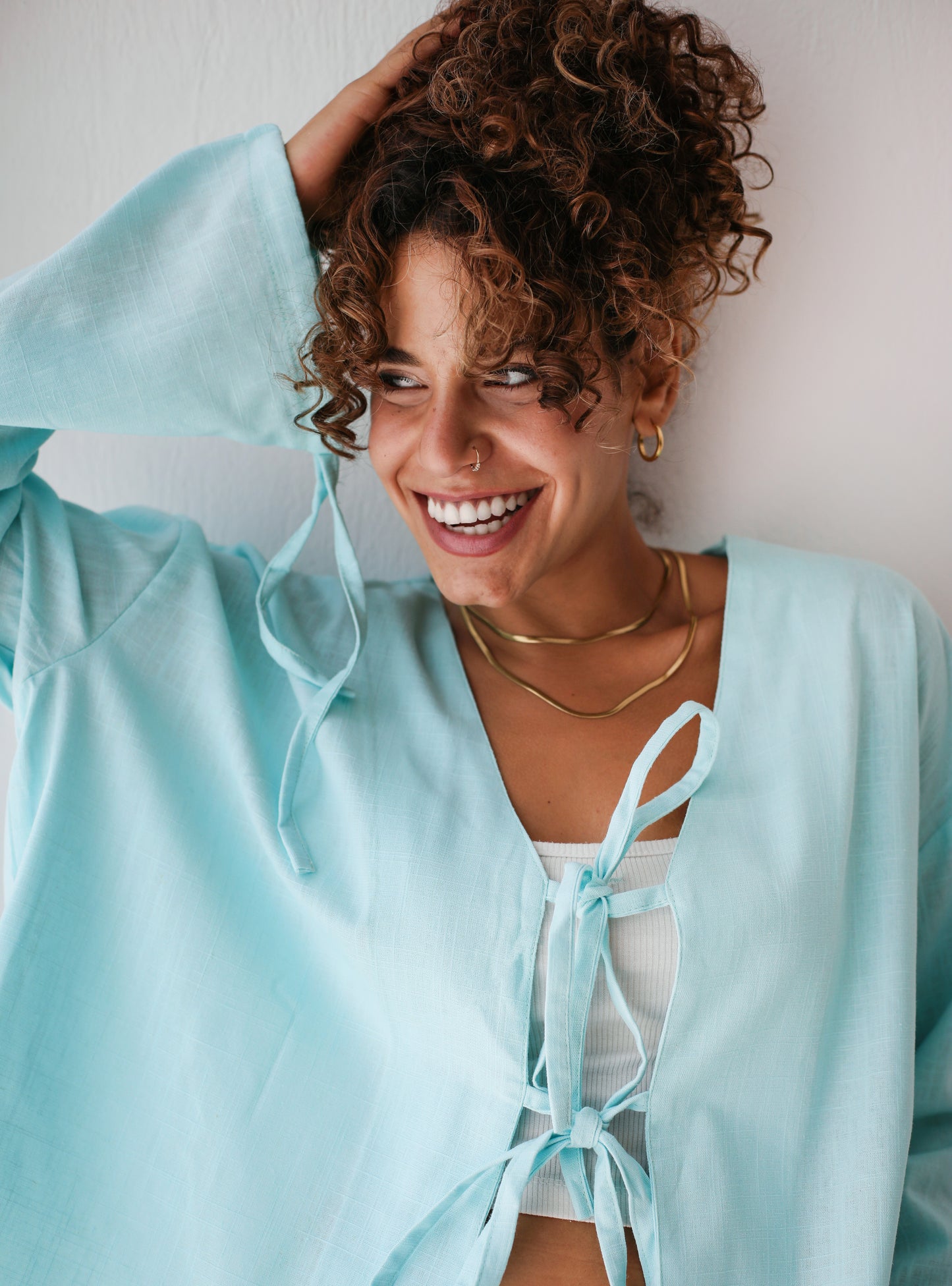 The Tie Bow Top in Aqua Blue