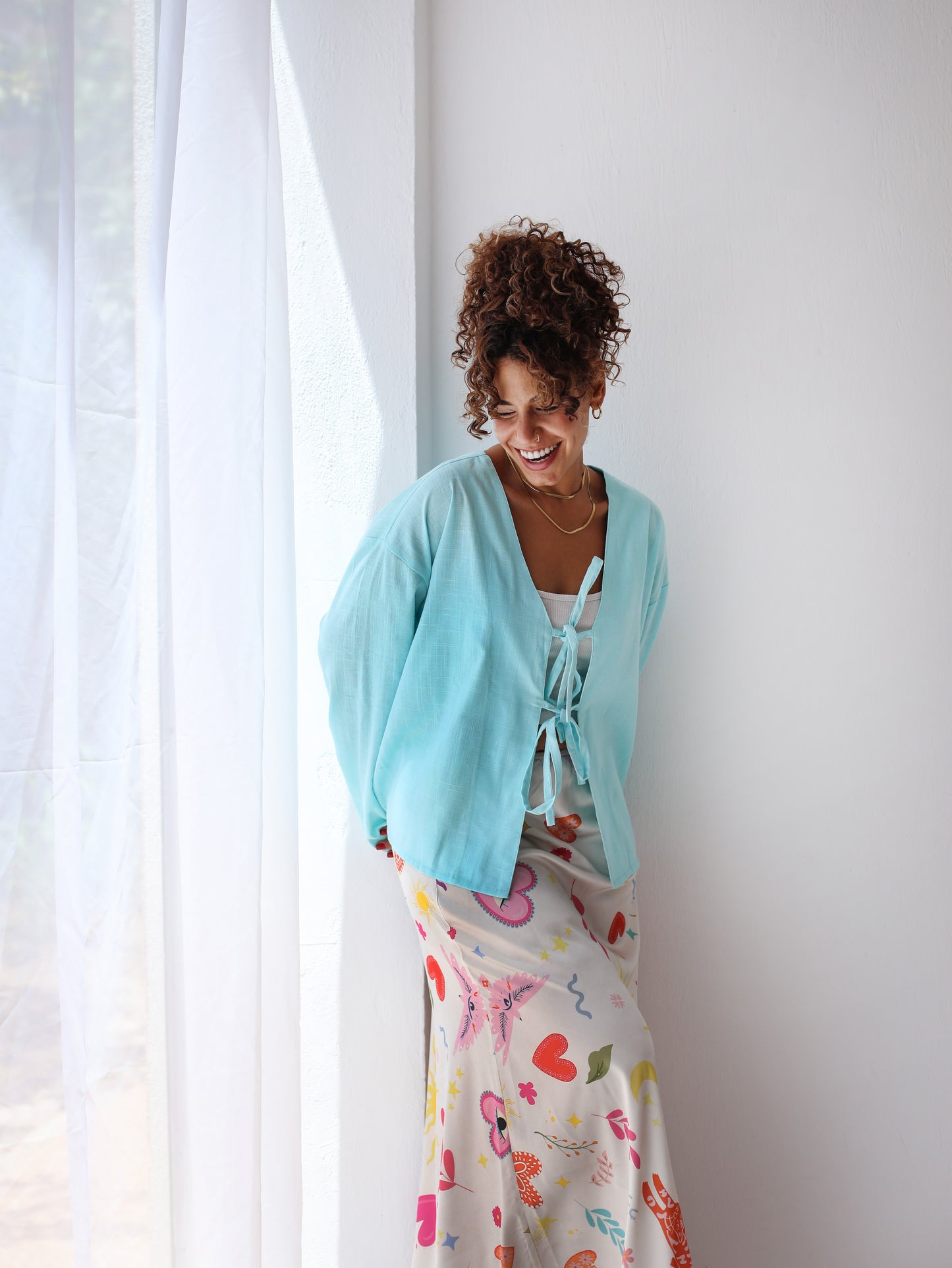 The Tie Bow Top in Aqua Blue