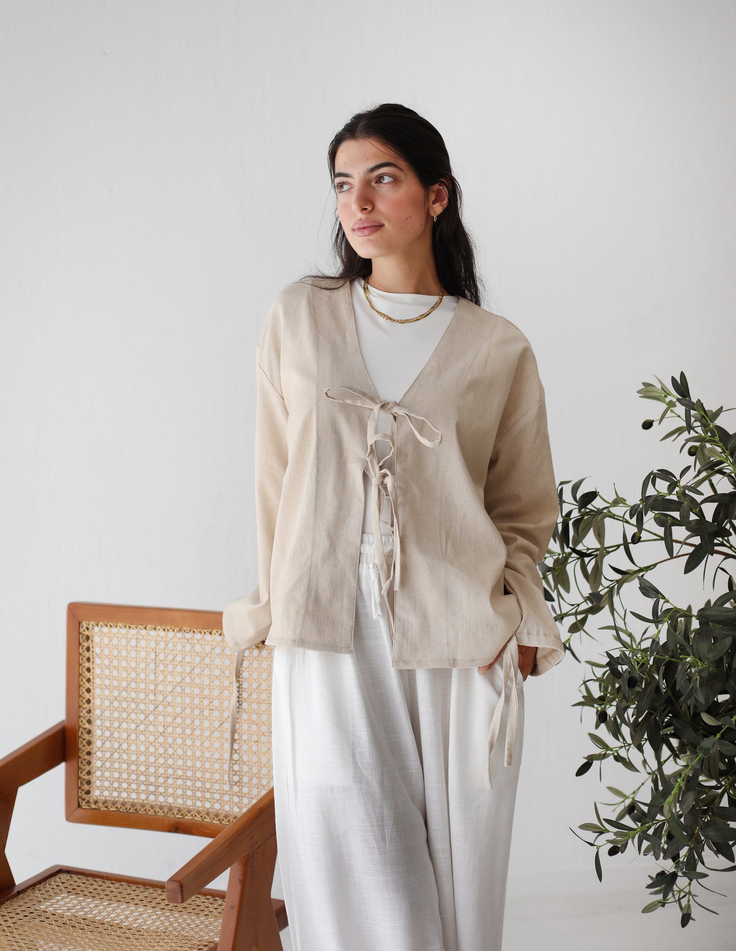 The Tie Bow Top in Beige