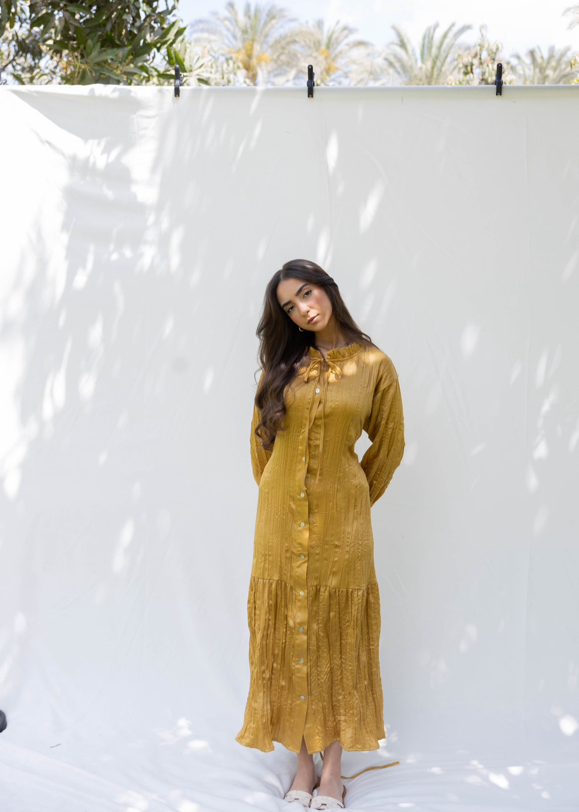 Lily Crushed Shirt Dress in Mustard