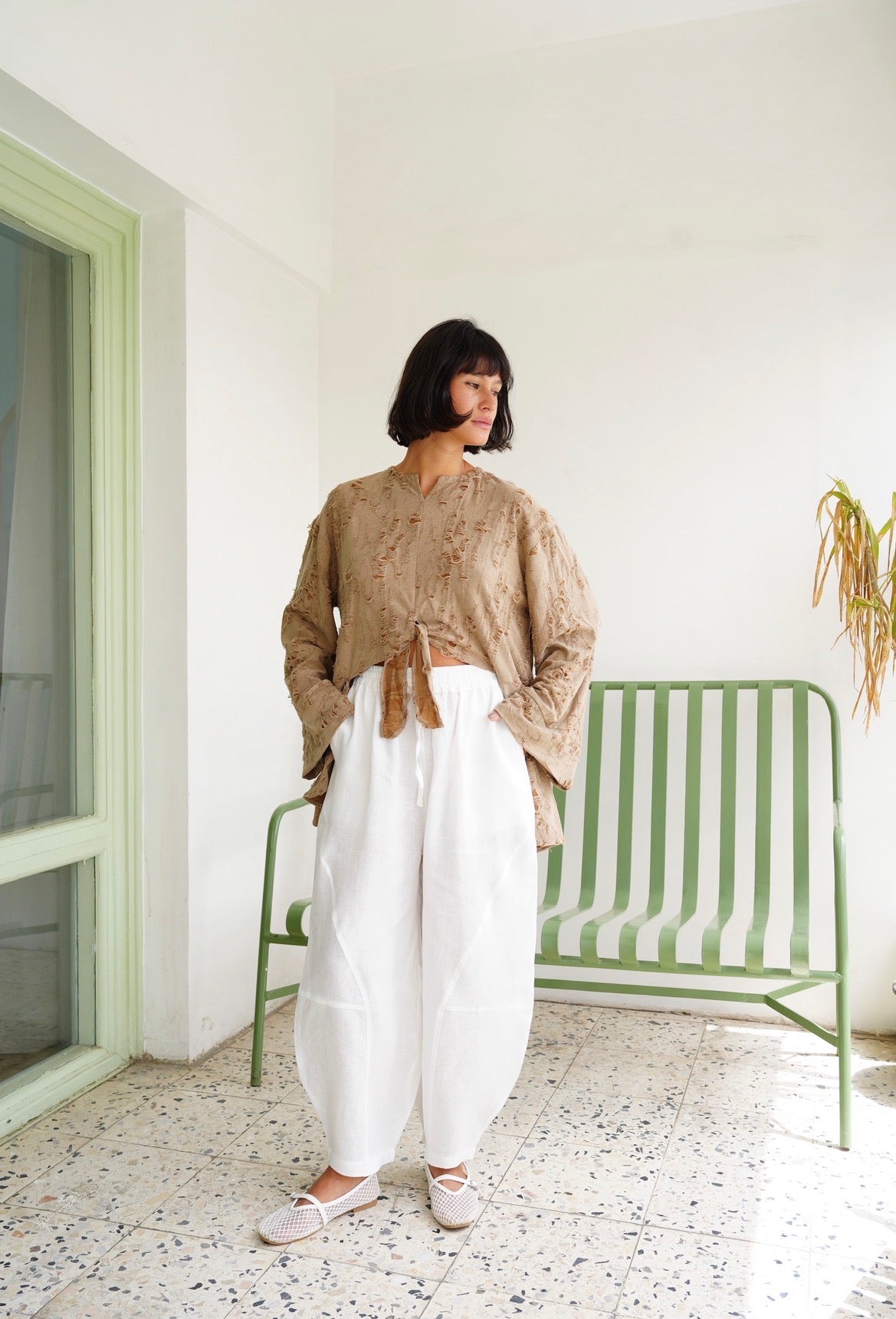 Fringe Texture Blouse - Cafe