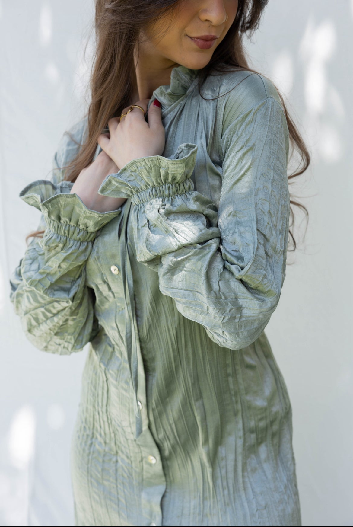 Lily Crushed Shirt Dress in Sage