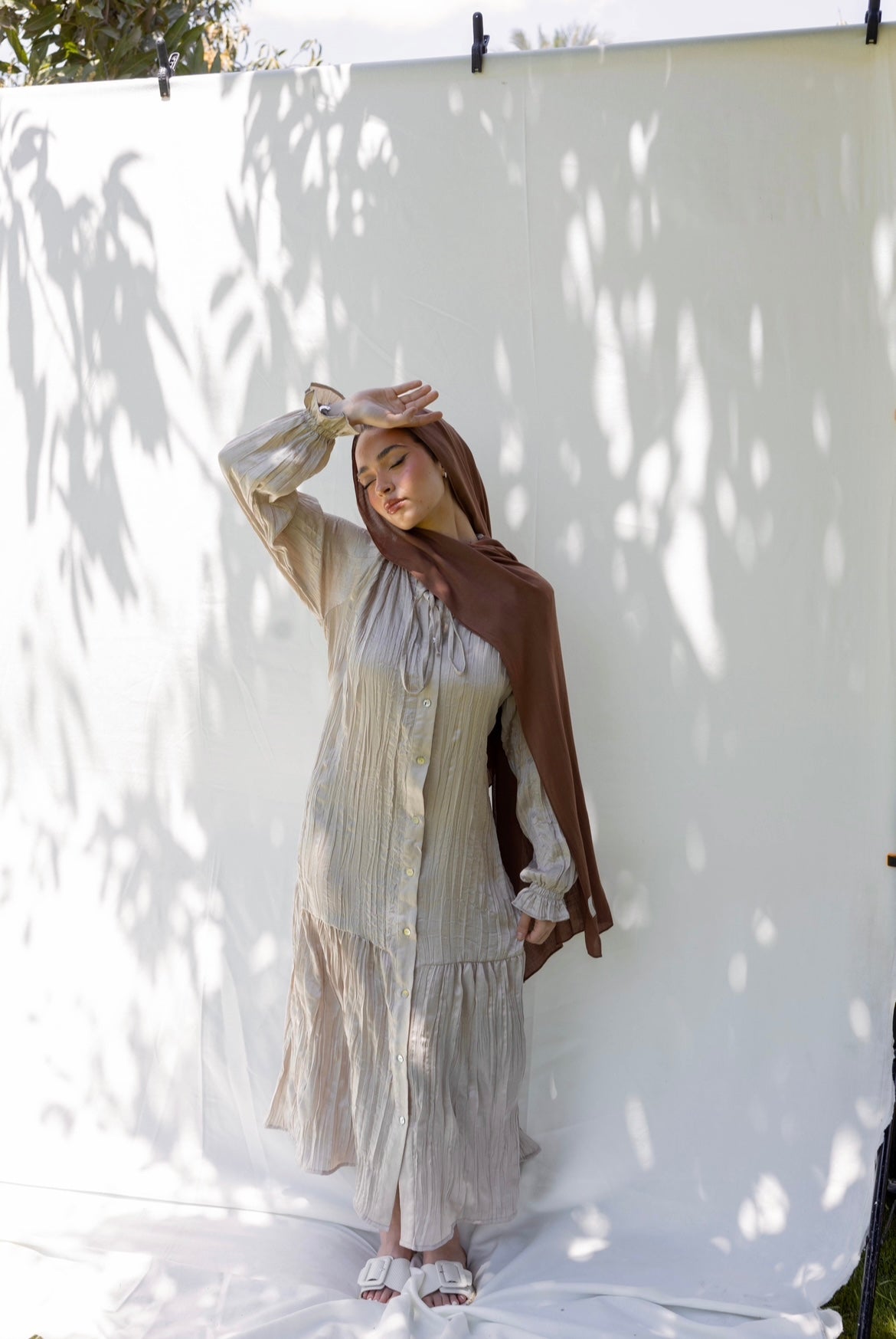 Lily Crushed Shirt Dress in Beige