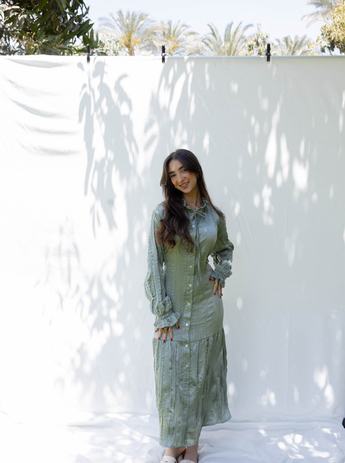 Lily Crushed Shirt Dress in Sage