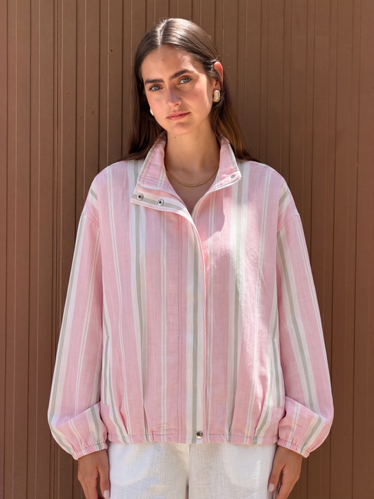The Striped Bomber Jacket in Pink x Green