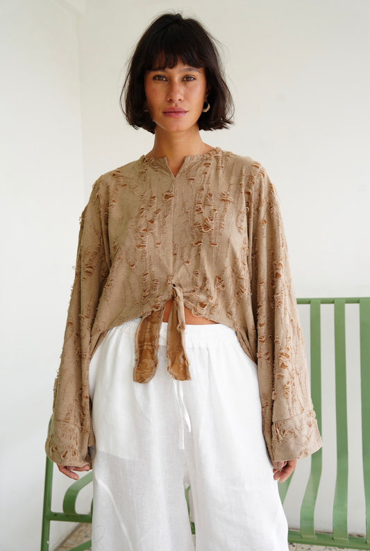 Fringe Texture Blouse - Cafe