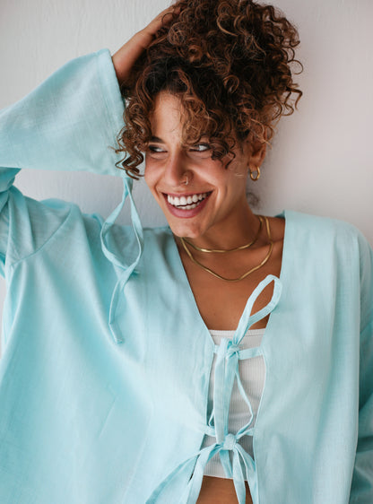 The Tie Bow Top in Aqua Blue