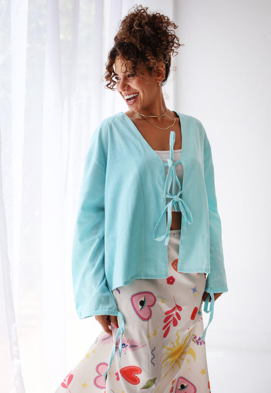 The Tie Bow Top in Aqua Blue
