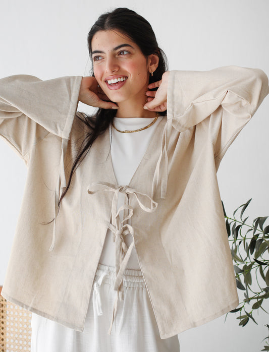 The Tie Bow Top in Beige
