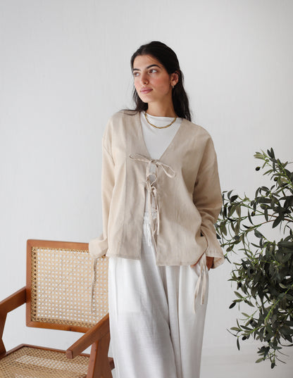 The Tie Bow Top in Beige