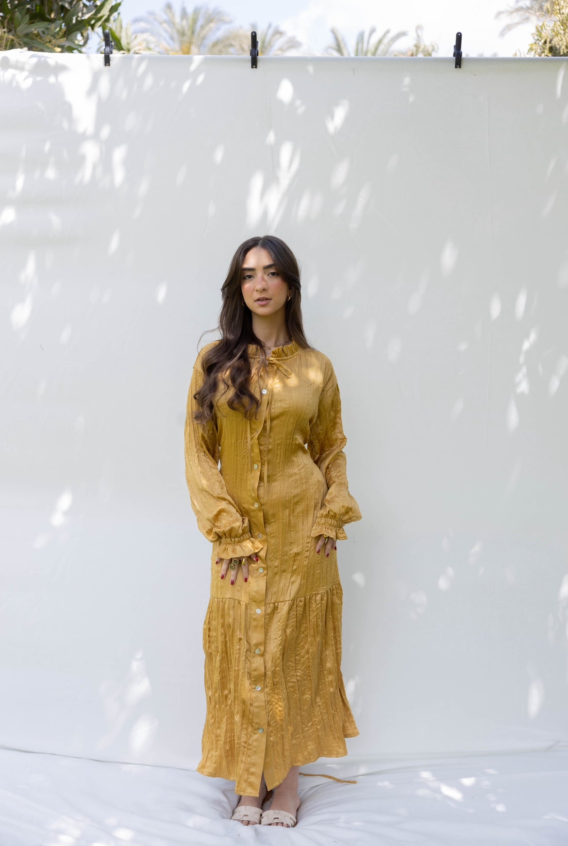 Lily Crushed Shirt Dress in Mustard