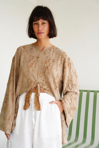 Fringe Texture Blouse - Cafe
