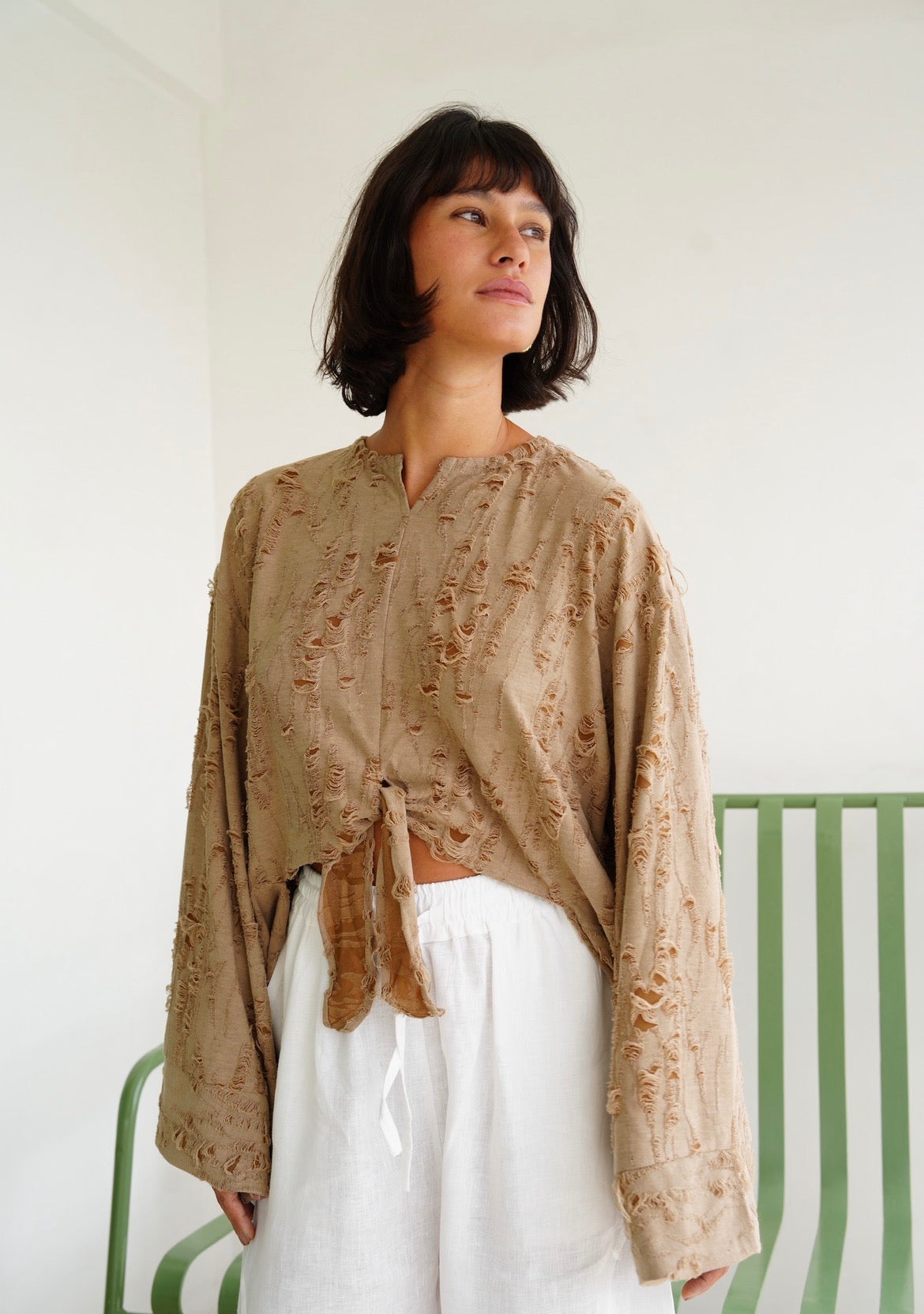 Fringe Texture Blouse - Cafe