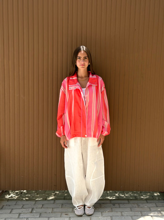The Striped Bomber Jacket in  Red x Pink