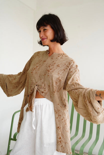 Fringe Texture Blouse - Cafe