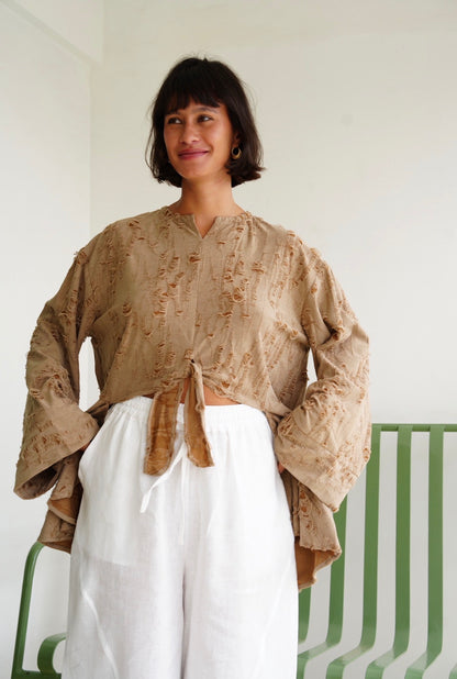 Fringe Texture Blouse - Cafe