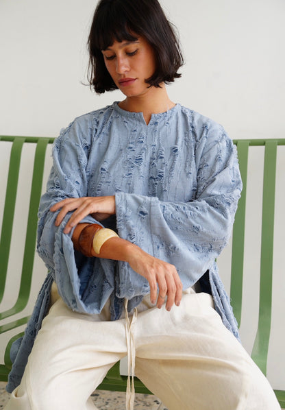 Fringe Texture Blouse - Blue