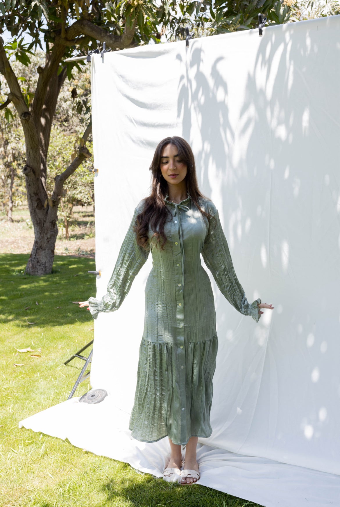 Lily Crushed Shirt Dress in Sage