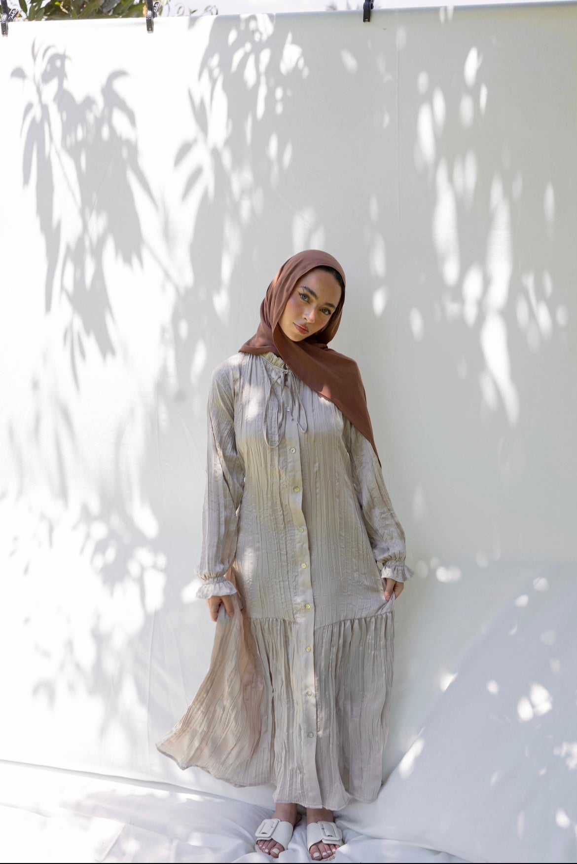 Lily Crushed Shirt Dress in Beige